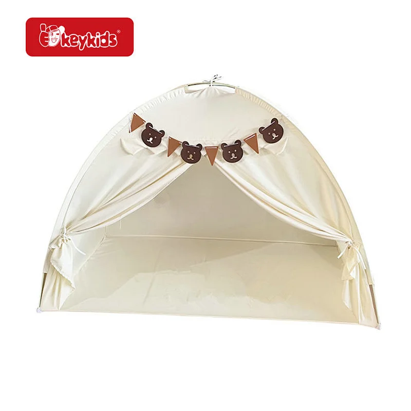 Bear-Themed Kids Play Tent, Beige Pop-Up Playhouse with Bunting for Nursery & Playroom W08L159